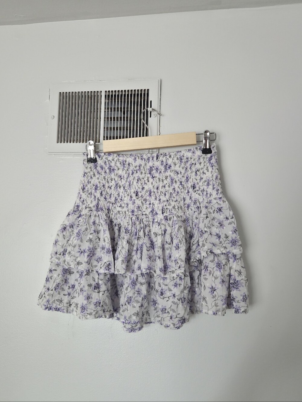 Olivaceous White Mini Shirred Skirt with Lavender Floral Print